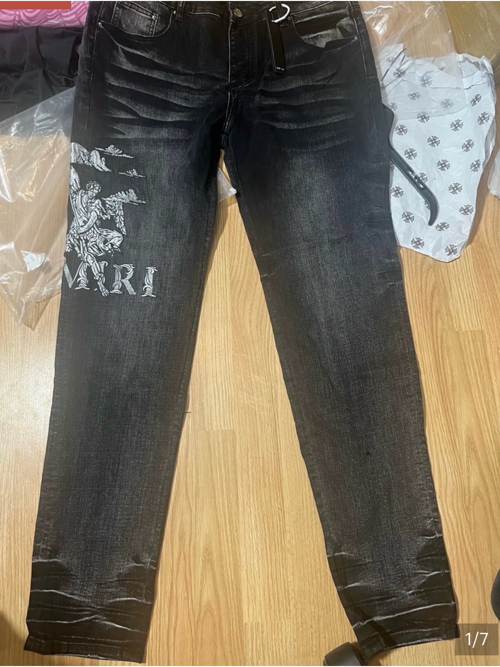 AMIRI Black Slim Straight Jeans with White Graphic